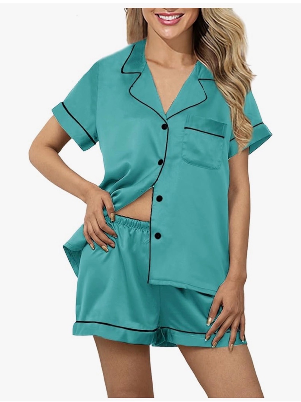 Teal Short Sleeve Satin Pajama Set - Women Intimates & Sleepwear